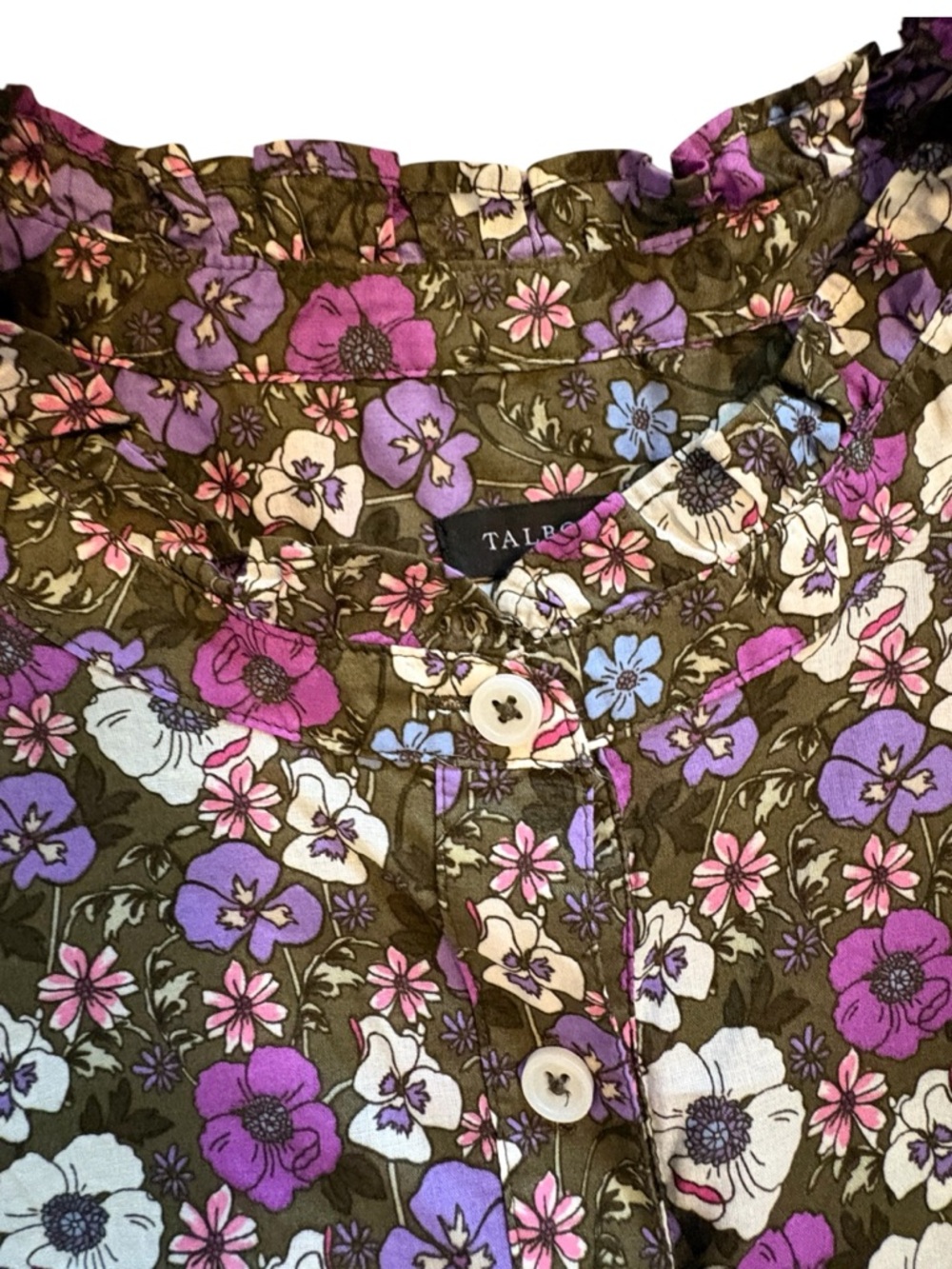Talbots Floral Button-Front Ruffled Collar Blouse – Purple, Cream & Brown - Picture 4 of 12